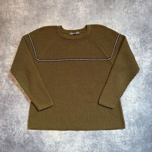 Express Mens Olive Green Ribbed Knit Crewneck Sweater Medium Raglan Stripe